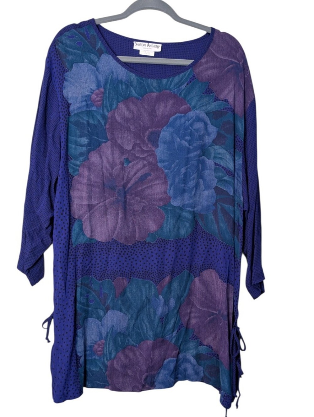 Vintage 90s Sharon Anthony Floral Tunic Retro Art to Wear Purple Blue Blouse 16W